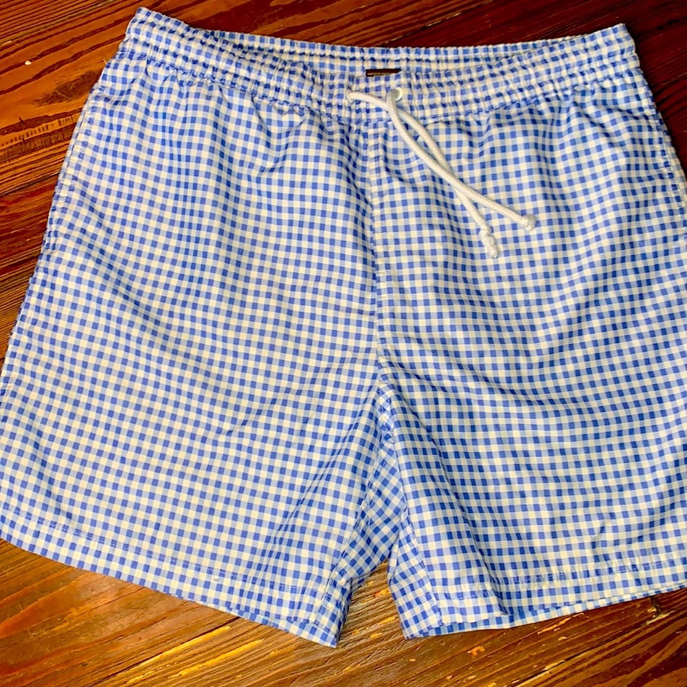 Tailorbyrd men’s checked gingham blue/white swimsuit swim trunks m/L EUC